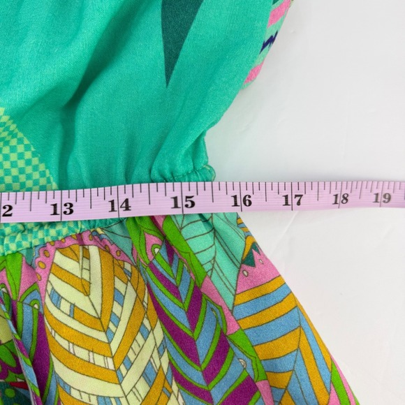 Hale Bob M Women Teal Green Geometric Floral Halter Romper Boho Summer Vacation - Picture 13 of 14